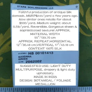 P1050968 Scalamandre Navonna Green Gold Neoclassical Silk Lampas Medallion Crest MSRP USD 444/yard Old World Weavers