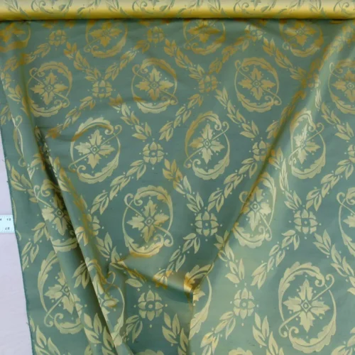 Scalamandre Navonna Green Gold Neoclassical Silk Lampas Medallion Crest MSRP USD 444/yard Old World Weavers