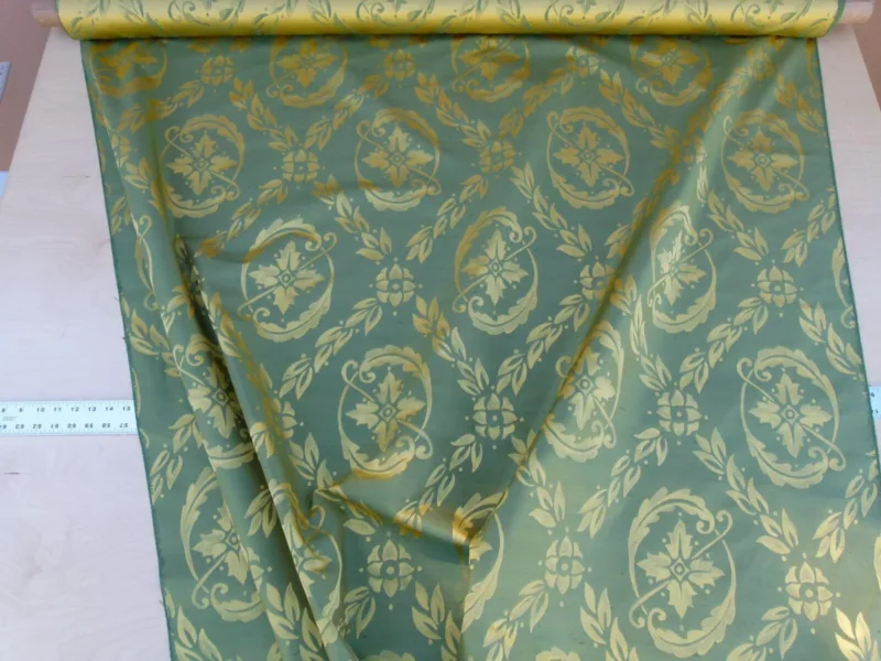 P1050971 Scalamandre Navonna Green Gold Neoclassical Silk Lampas Medallion Crest MSRP USD 444/yard Old World Weavers