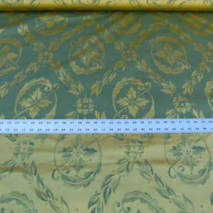 P1050972 Scalamandre Navonna Green Gold Neoclassical Silk Lampas Medallion Crest MSRP USD 444/yard Old World Weavers