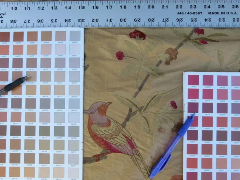 P1060156 0.63Y Scalamandre Palash Embroidery Parrot Bird Flower Tree of Life Palampore Tree Peony Red Gold Chinoiserie MSRP USD 332/yard