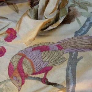 P1060158 0.63Y Scalamandre Palash Embroidery Parrot Bird Flower Tree of Life Palampore Tree Peony Red Gold Chinoiserie MSRP USD 332/yard
