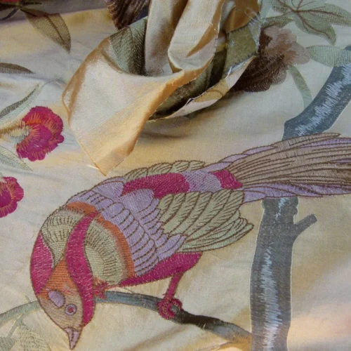 P1060158 Scalamandre Palash Embroidery Parrot Bird Flower Tree of Life Palampore Tree Peony Red Gold Chnoiserie MSRP USD 332/yard