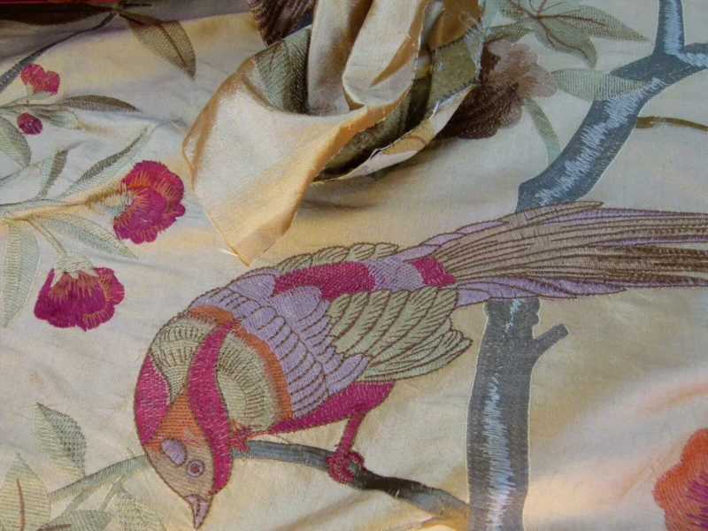P1060158 0.63Y Scalamandre Palash Embroidery Parrot Bird Flower Tree of Life Palampore Tree Peony Red Gold Chinoiserie MSRP USD 332/yard
