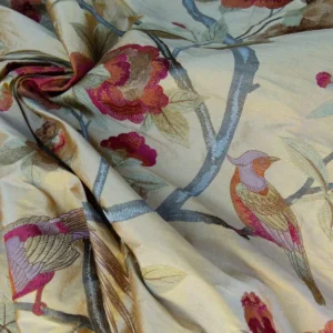 P1060159 0.63Y Scalamandre Palash Embroidery Parrot Bird Flower Tree of Life Palampore Tree Peony Red Gold Chinoiserie MSRP USD 332/yard