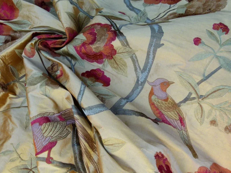 P1060159 0.63Y Scalamandre Palash Embroidery Parrot Bird Flower Tree of Life Palampore Tree Peony Red Gold Chinoiserie MSRP USD 332/yard