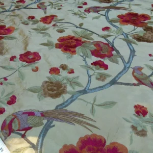 P1060588 0.63Y Scalamandre Palash Embroidery Parrot Bird Flower Tree of Life Palampore Tree Peony Red Gold Chinoiserie MSRP USD 332/yard