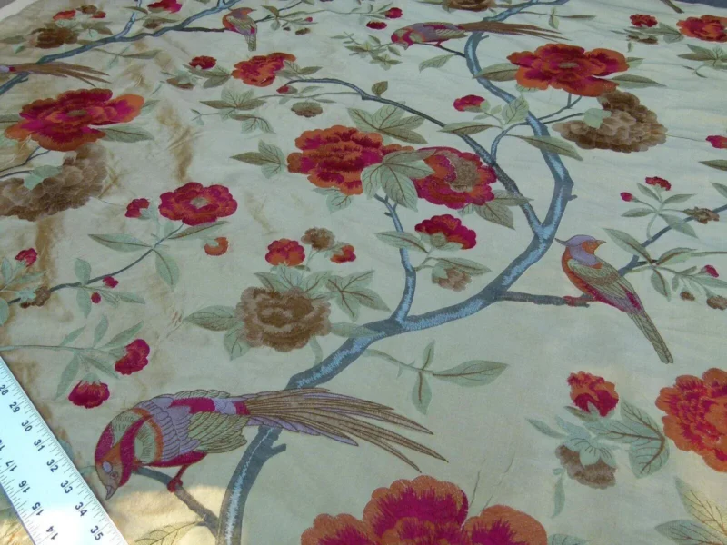 P1060588 0.63Y Scalamandre Palash Embroidery Parrot Bird Flower Tree of Life Palampore Tree Peony Red Gold Chinoiserie MSRP USD 332/yard