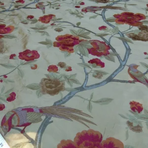 P1060588 0.63Y Scalamandre Palash Embroidery Parrot Bird Flower Tree of Life Palampore Tree Peony Red Gold Chinoiserie MSRP USD 332/yard