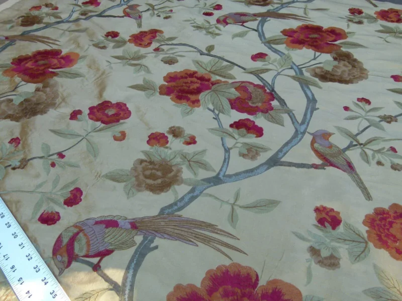 P1060588 0.63Y Scalamandre Palash Embroidery Parrot Bird Flower Tree of Life Palampore Tree Peony Red Gold Chinoiserie MSRP USD 332/yard