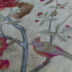 P1060590 0.63Y Scalamandre Palash Embroidery Parrot Bird Flower Tree of Life Palampore Tree Peony Red Gold Chinoiserie MSRP USD 332/yard