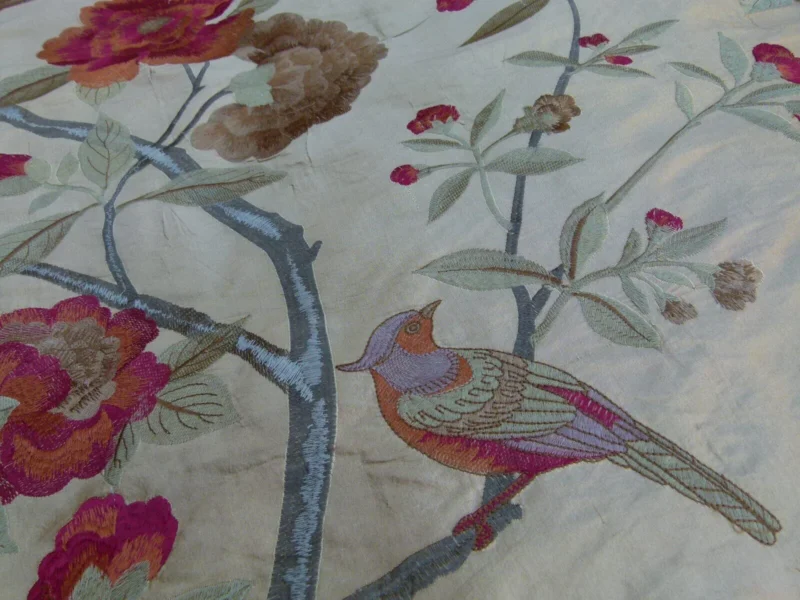 P1060590 0.63Y Scalamandre Palash Embroidery Parrot Bird Flower Tree of Life Palampore Tree Peony Red Gold Chinoiserie MSRP USD 332/yard