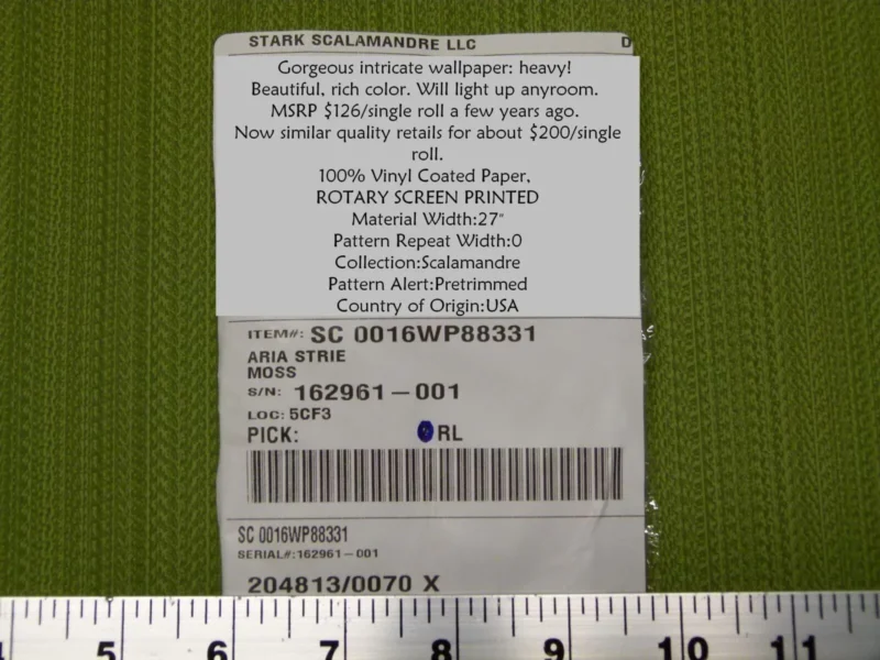 P1060768 Aria Strie Moss Green Wallpaper Scalamandre 5 Yards Single Roll MSRP USD 126/single Roll