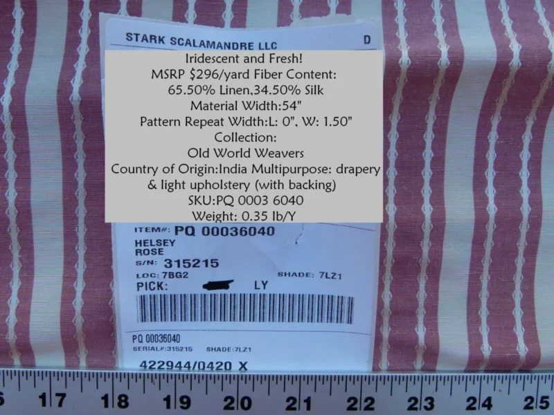 by yard Scalamandre Helsey Rose Red Pink Linen Silk Iridescent Stripe MSRP USD 296/Y