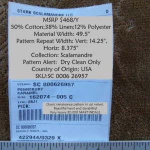 P1090545 Scalamandre Pennsbury Caramel Warm Brown Cut Linen Velvet Renaissance MSRP USD 504/Y