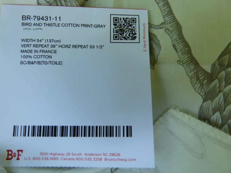P1090924 Brunschwig & Fils Bird & Thistle Print Grey - by the yard MSRP USD316/y