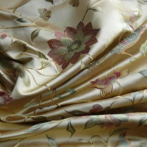 P1040802 by yard 100%silk Lampas Satin Love Bird Curry Lite Gold