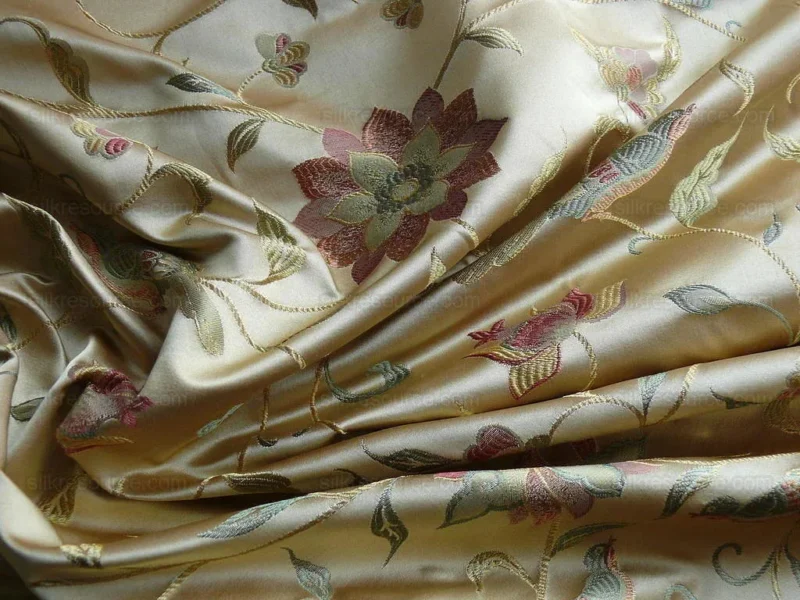 P1040802 by yard 100%silk Lampas Satin Love Bird Curry Lite Gold