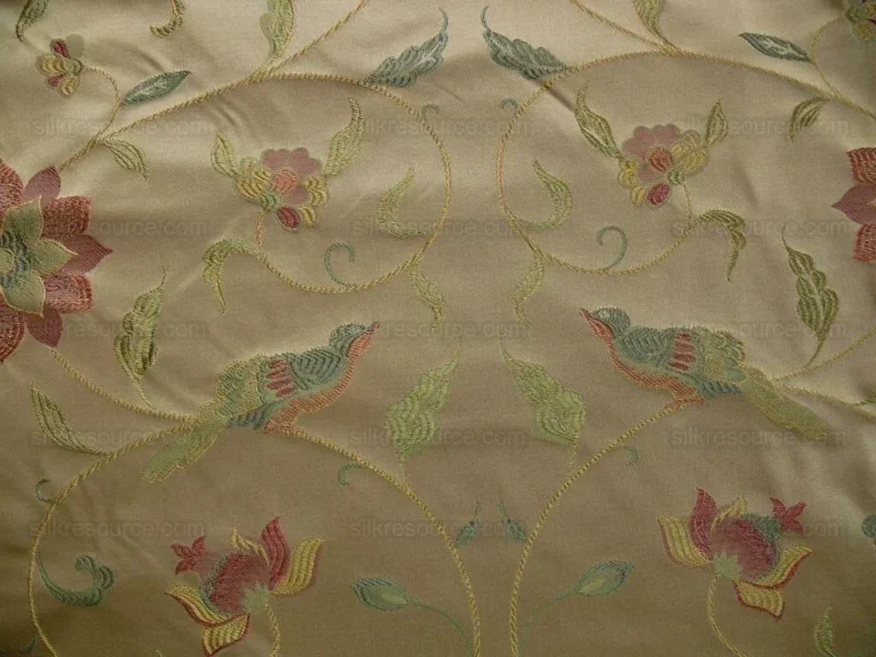 P1100835 by yard 100%silk Lampas Satin Love Bird Curry Lite Gold