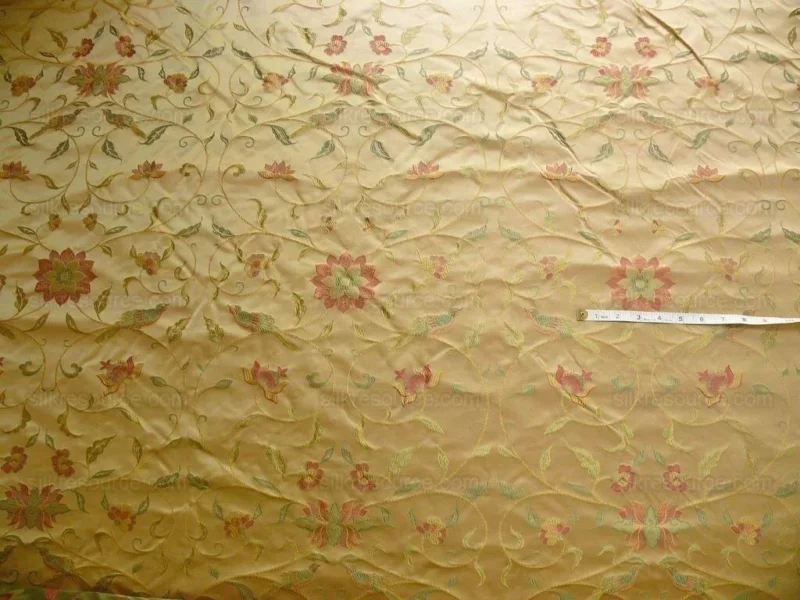 P1100836 by yard 100%silk Lampas Satin Love Bird Curry Lite Gold