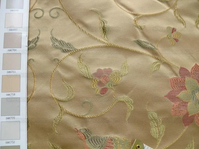 P1100840 by yard 100%silk Lampas Satin Love Bird Curry Lite Gold