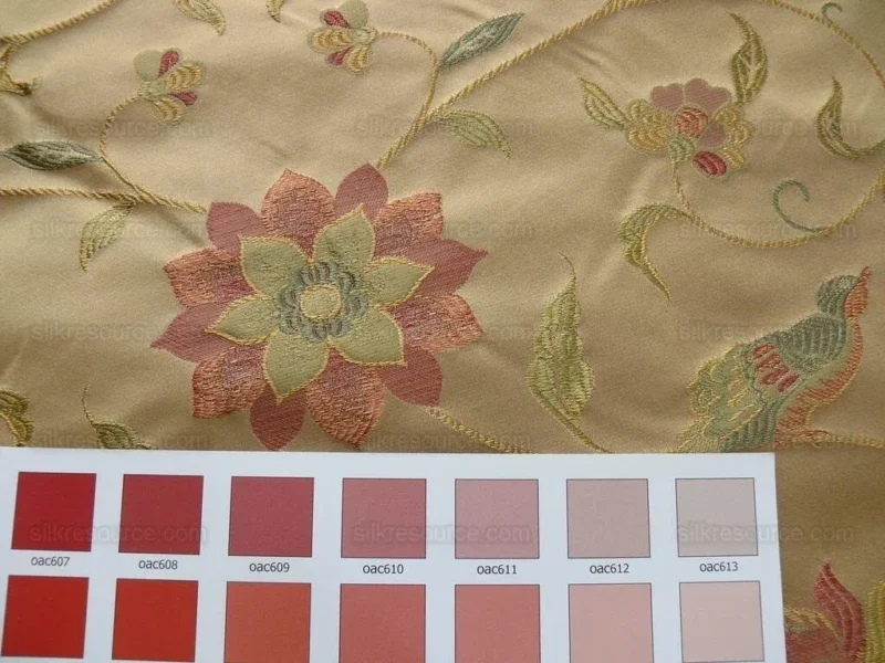 P1100841 by yard 100%silk Lampas Satin Love Bird Curry Lite Gold