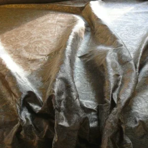 P1180322 by yard 100% Silk Jacquard Papercut Pomegranate Flower "december" Silver Mid Century Strie