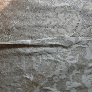 P1180326 by yard 100% Silk Jacquard Papercut Pomegranate Flower "december" Silver Mid Century Strie