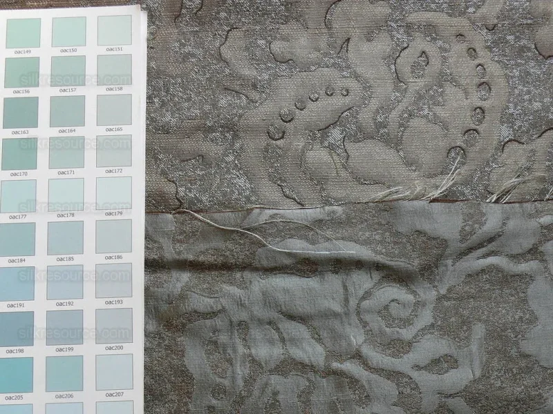 P1180329 by yard 100% Silk Jacquard Papercut Pomegranate Flower "december" Silver Mid Century Strie