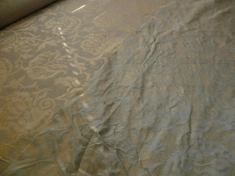 by yard 100% Silk Jacquard Papercut Pomegranate Flower "pool" Blue Mid Century Strie