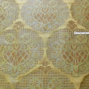 P1180877 by yard 100% Silk Lampas Aged Metal Large Medallion "celadon" Tan MSRP USD 328/yard