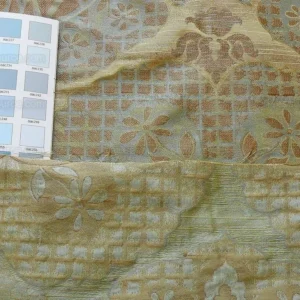 P1180884 by yard 100% Silk Lampas Aged Metal Large Medallion "celadon" Tan MSRP USD 328/yard