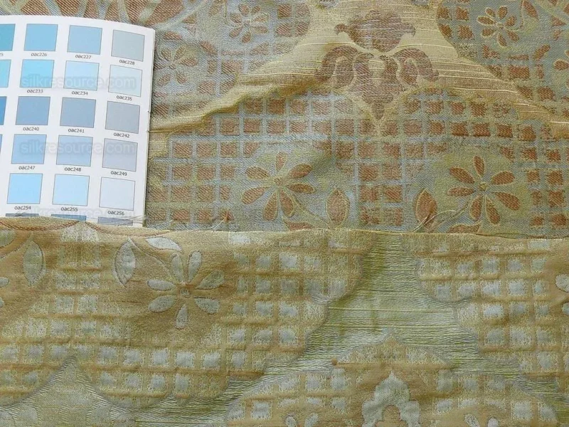 P1180884 by yard 100% Silk Lampas Aged Metal Large Medallion "celadon" Tan MSRP USD 328/yard