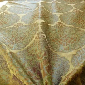 P1180887 by yard 100% Silk Lampas Aged Metal Large Medallion "celadon" Tan MSRP USD 328/yard