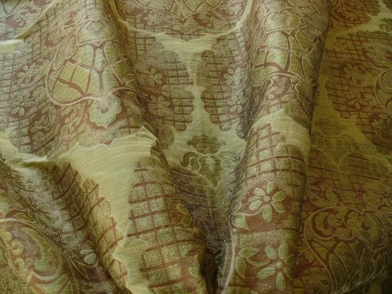 P1180929 100% Silk Lampas Aged Metal Large Medallion "lime" Green Brown Khaki MSRP USD 328/yard