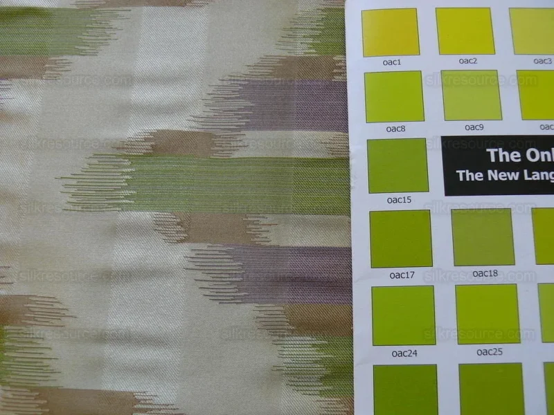 P1190052 100% Silk Lampas Ikat Wave Chevron "lilac" Purple Green Gold Cream Khaki MSRP USD 268