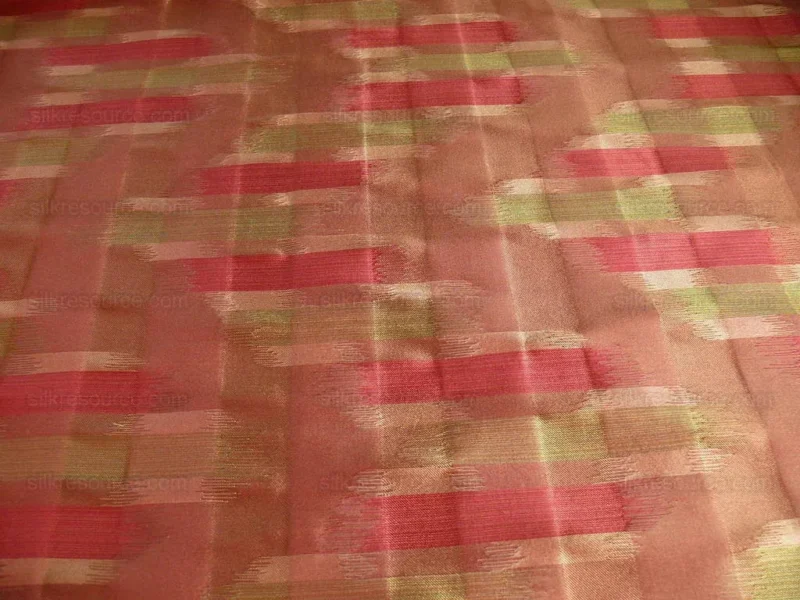 P1190097 100% Silk Lampas Ikat Wave "redwood" Red Pink Green MSRP USD 268/y