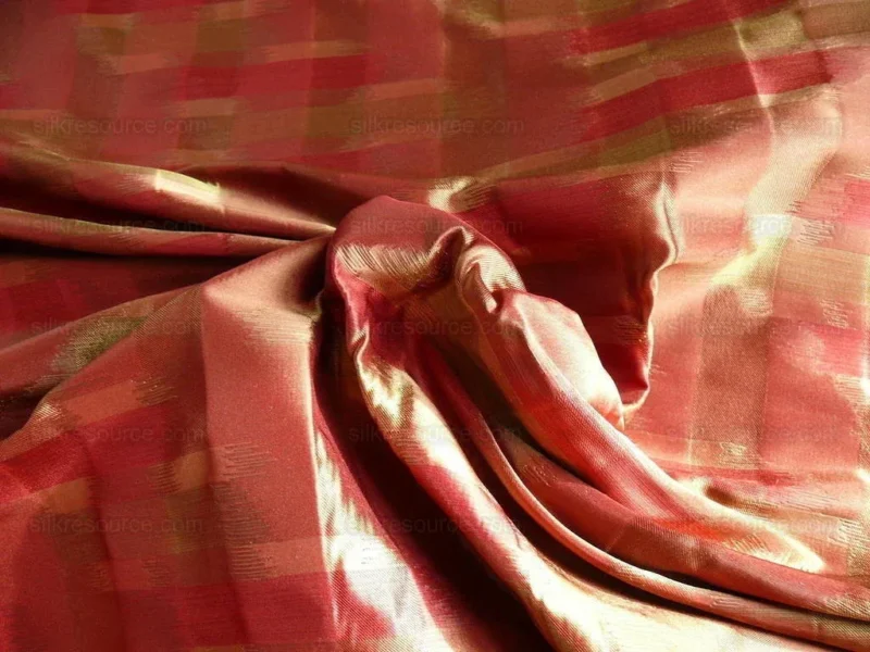 P1190098 100% Silk Lampas Ikat Wave "redwood" Red Pink Green MSRP USD 268/y