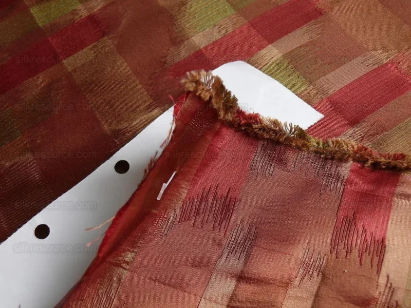 P1190099 100% Silk Lampas Ikat Wave "redwood" Red Pink Green MSRP USD 268/y