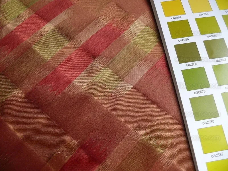 P1190105 100% Silk Lampas Ikat Wave "redwood" Red Pink Green MSRP USD 268/y