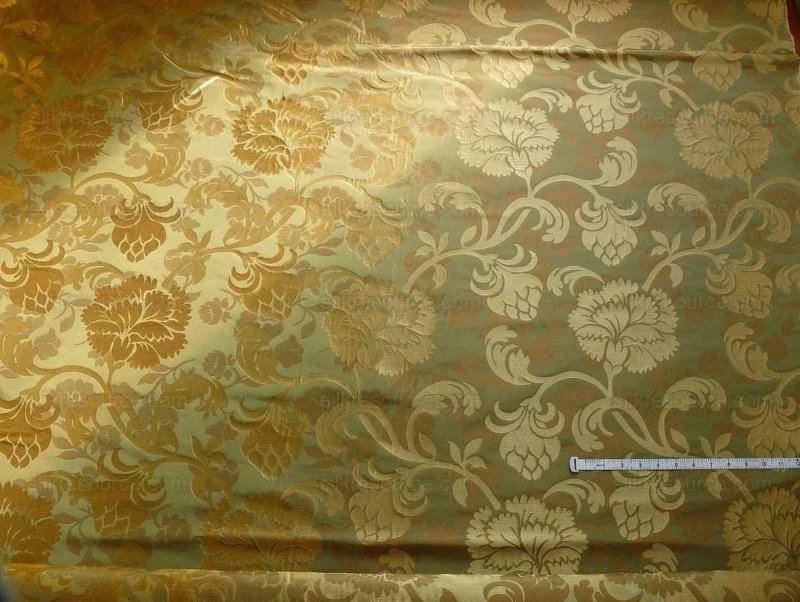 P1190476 100% Silk Lampas Carnation Crewel "sage" Green Gold Brown Reversible Layered