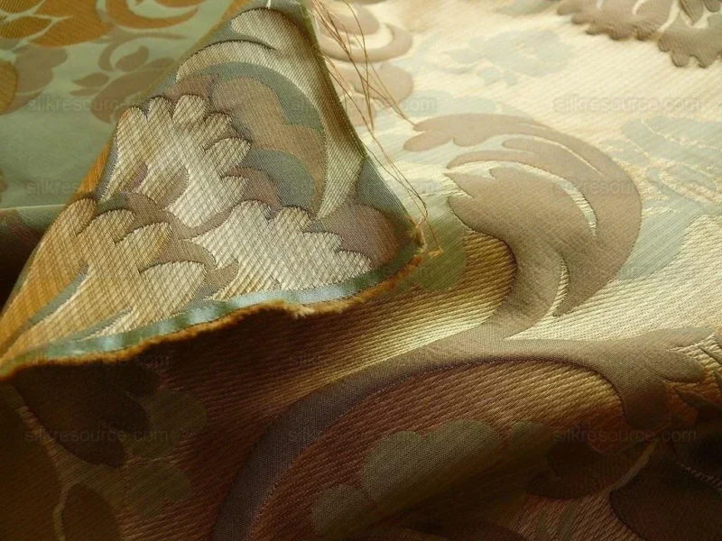 P1190481 100% Silk Lampas Carnation Crewel "sage" Green Gold Brown Reversible Layered