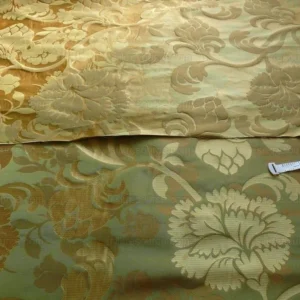 P1190482 100% Silk Lampas Carnation Crewel "sage" Green Gold Brown Reversible Layered