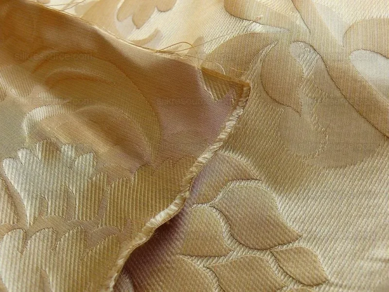 P1190494 100% Silk Lampas Carnation Crewel "flaxen" Tan Gold Reversible Layered
