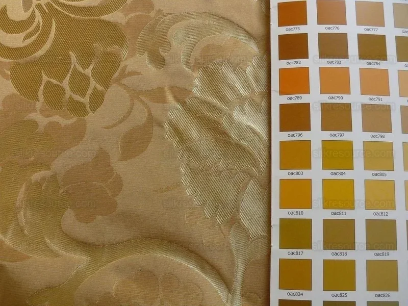 P1190495 100% Silk Lampas Carnation Crewel "flaxen" Tan Gold Reversible Layered