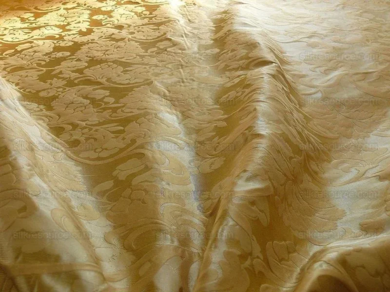 P1190500 100% Silk Lampas Carnation Crewel "flaxen" Tan Gold Reversible Layered