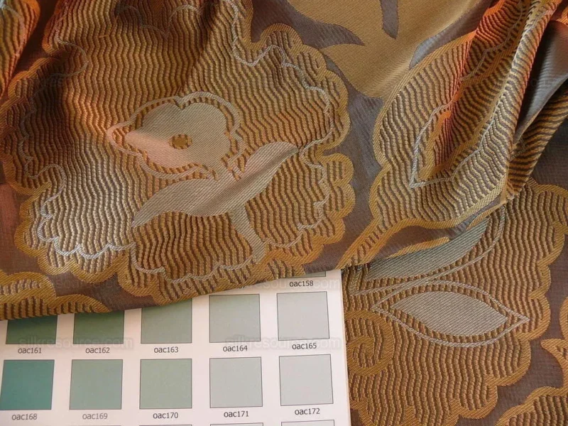 P1190710 100% Silk Lampas Large Art Deco Flower Vine "sepia" Brown