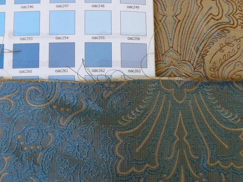 P1190934 by yard Levant 100% Silk Fine Line Damask Lampas Paisley "dusk" Blue Brown Large Medallion Reversible