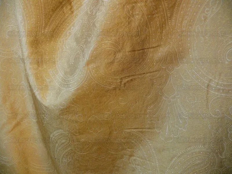 P1190986 by yard Levant 100% Silk Fine Line Damask Lampas Paisley "linen" Khaki Brown Gold Large Medallion Reversible