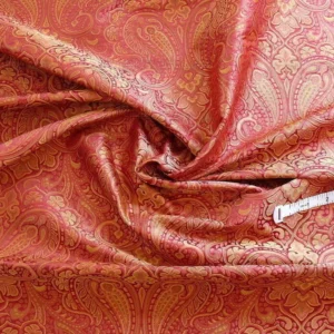 P1220681 100% Silk Lampas Small Jewelled Paisley "scarlet" Red Orange Yellow Pink